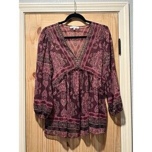 Rose + Olive Blouse Womens Medium Purple Boho Sheer Long Sleeve Top Tunic Work